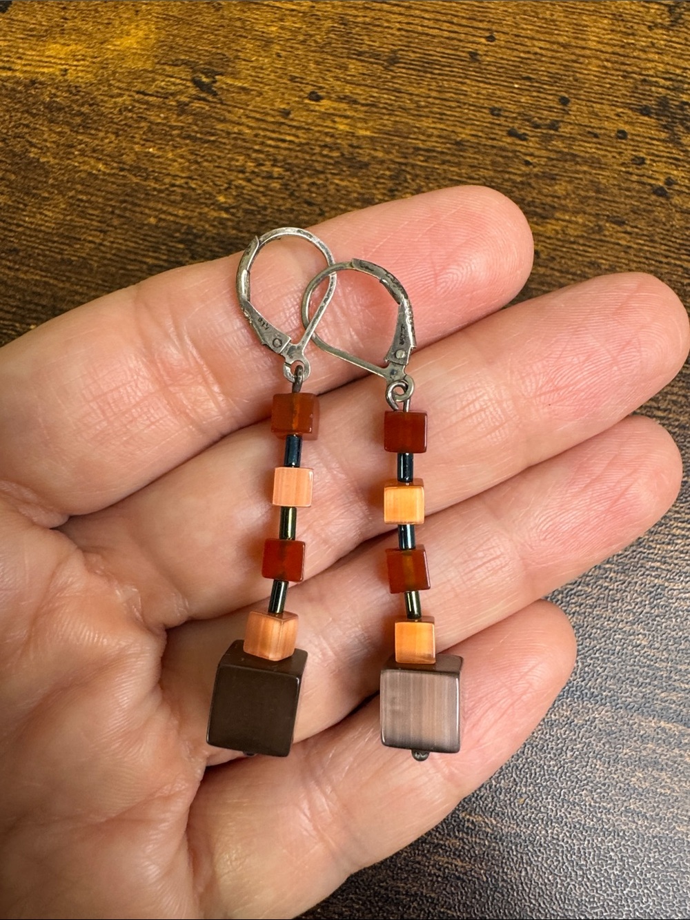 Handcrafted Brown & Amber Beaded Dangle Earrings - 925 Leverbacks